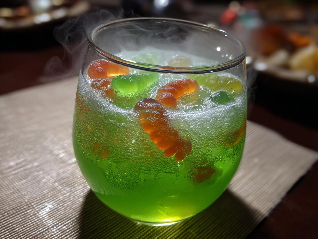 A bubbling green Witches' Brew Punch for Halloween, garnished with gummy worms and emitting spooky fog.