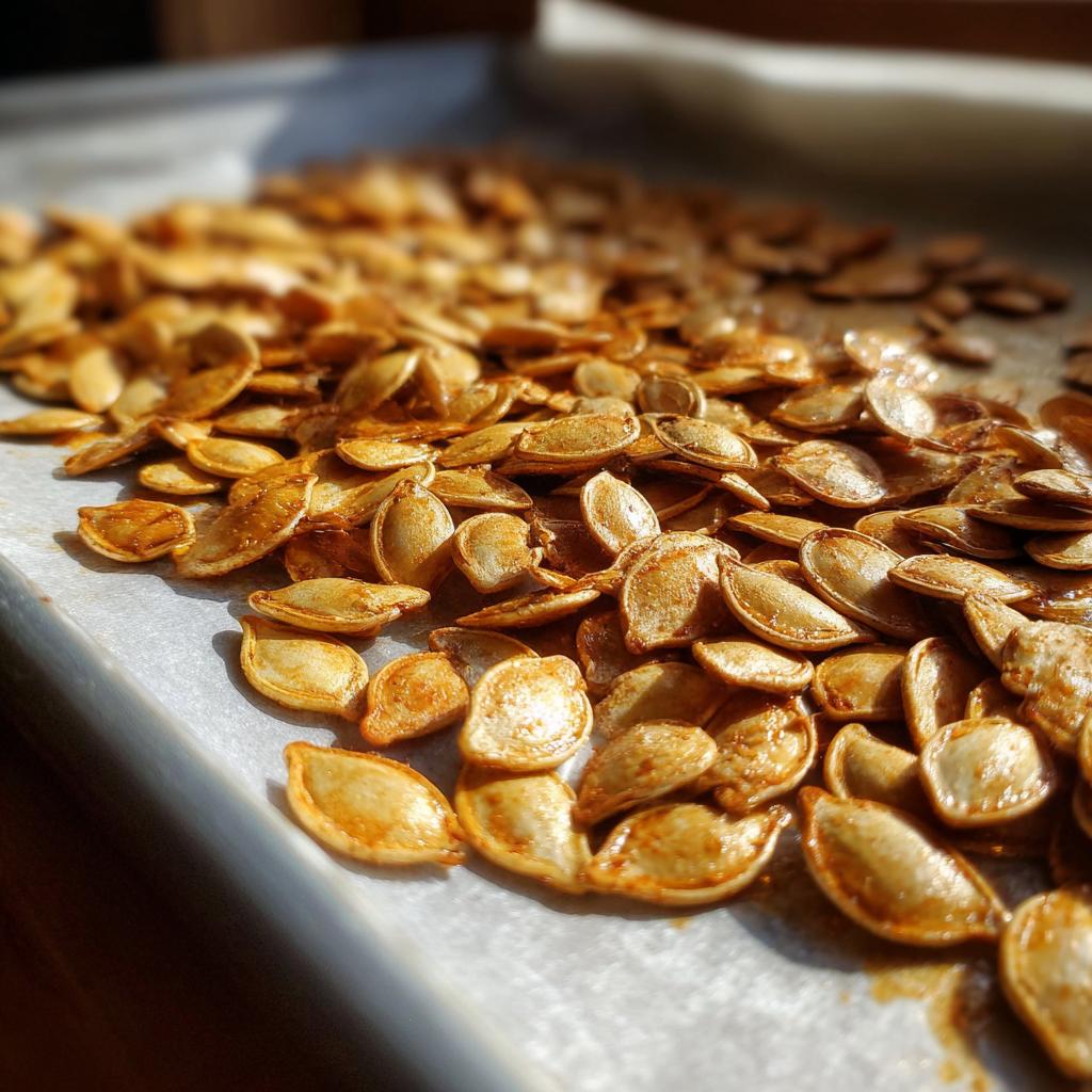 Close-up of a pile of golden brown baked pumpkin seeds seasoned and ready to eat.
