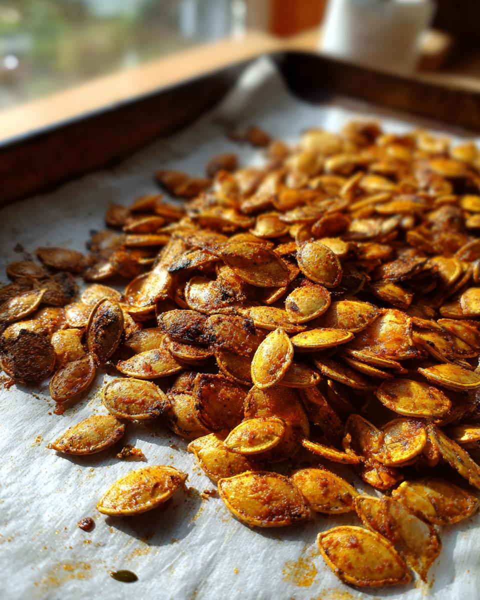 A close-up of a pile of perfectly seasoned and crispy baked pumpkin seeds scattered on parchment paper.