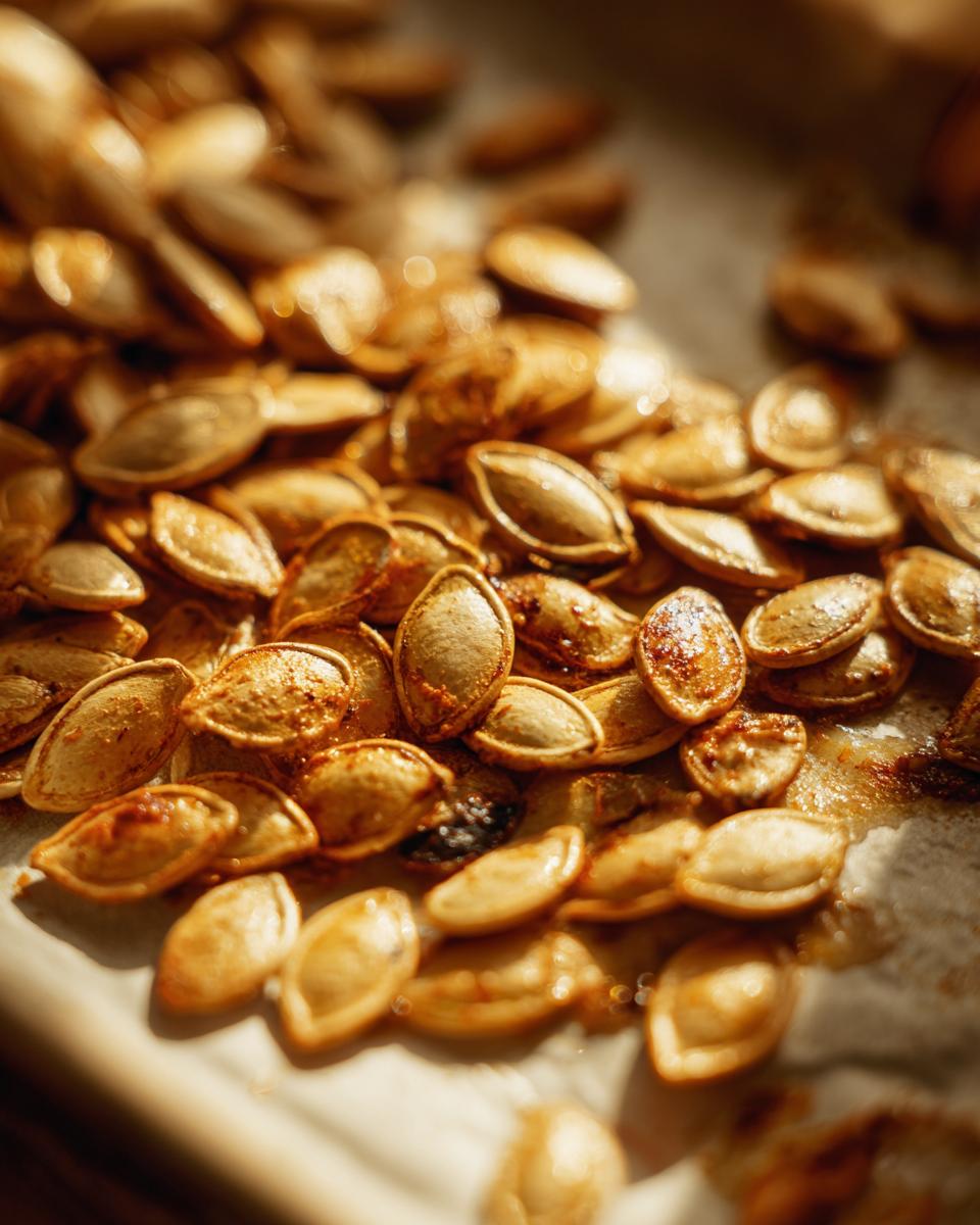 Close-up of golden brown baked pumpkin seeds, seasoned and ready to eat.