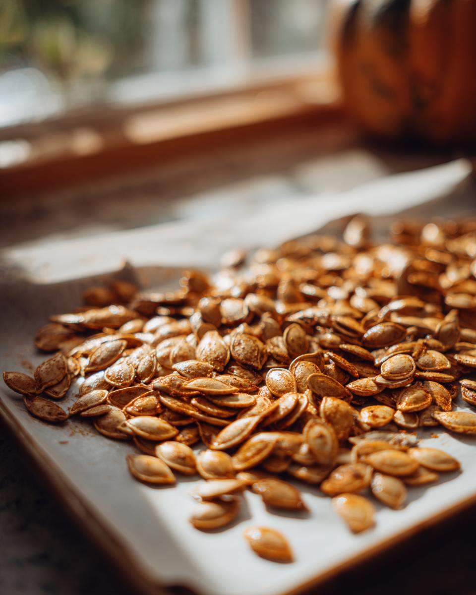 A close-up of a pile of golden brown, seasoned baked pumpkin seeds on a parchment-lined baking sheet, ready to eat.