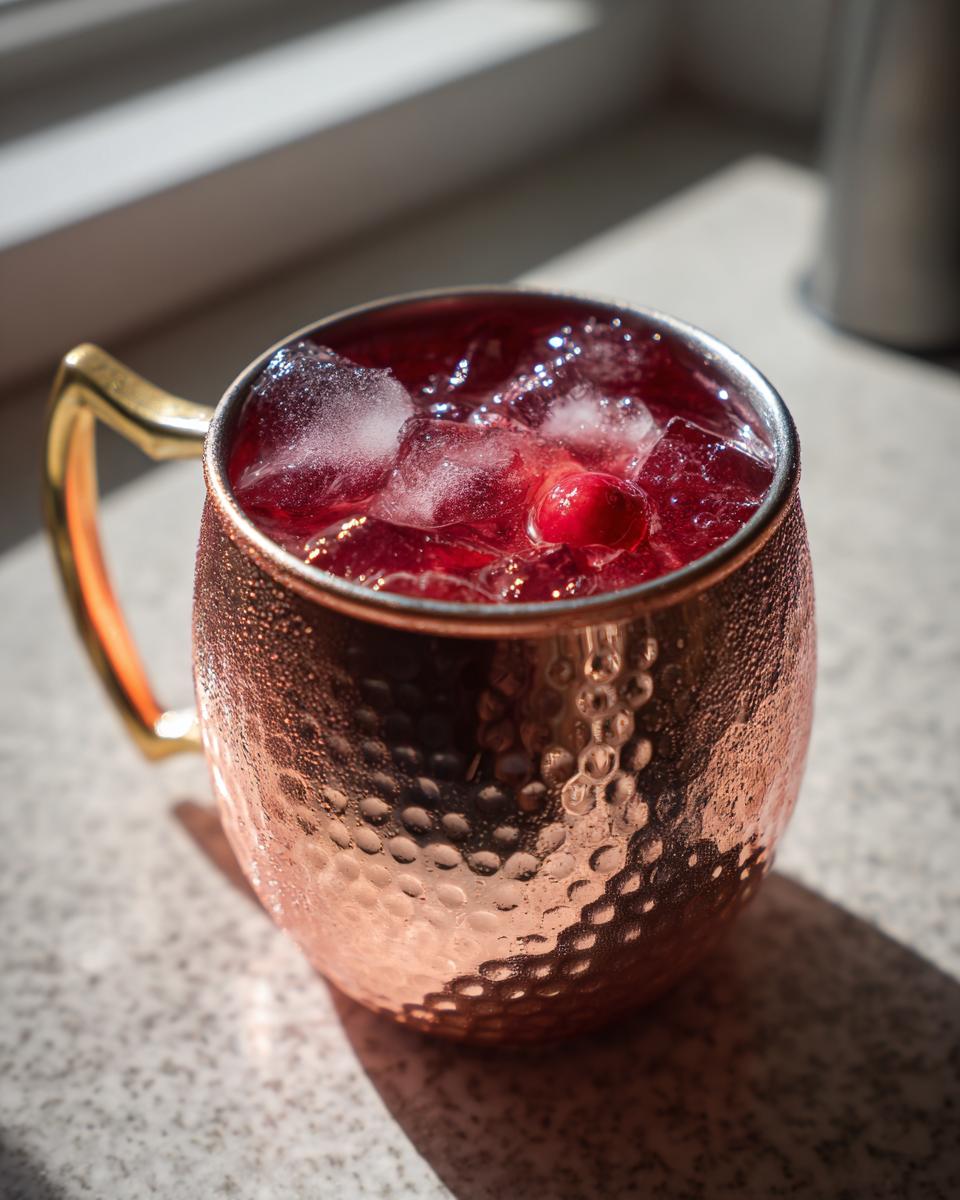 A refreshing cranberry mule cocktail in a hammered copper mug, filled with ice and garnished with a cranberry. One of the best Thanksgiving cocktails.