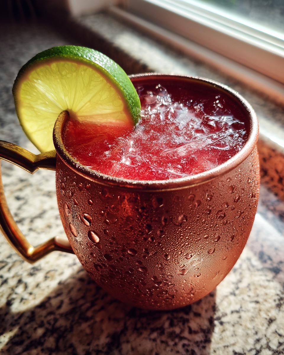A refreshing cranberry mule cocktail in a copper mug, garnished with a lime slice, perfect for Thanksgiving.