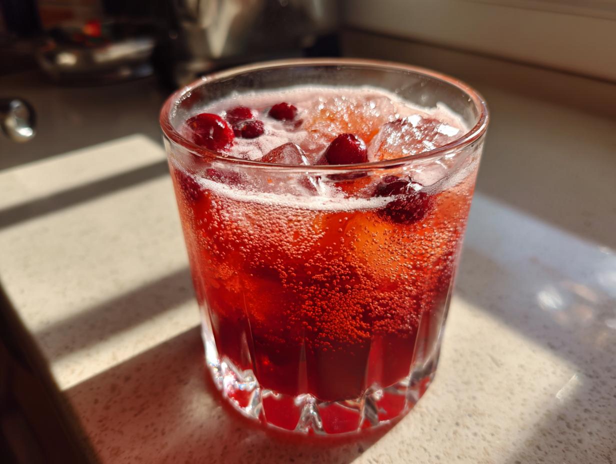 A refreshing red Thanksgiving cocktail in a glass, topped with ice and fresh cranberries, sparkling with bubbles.