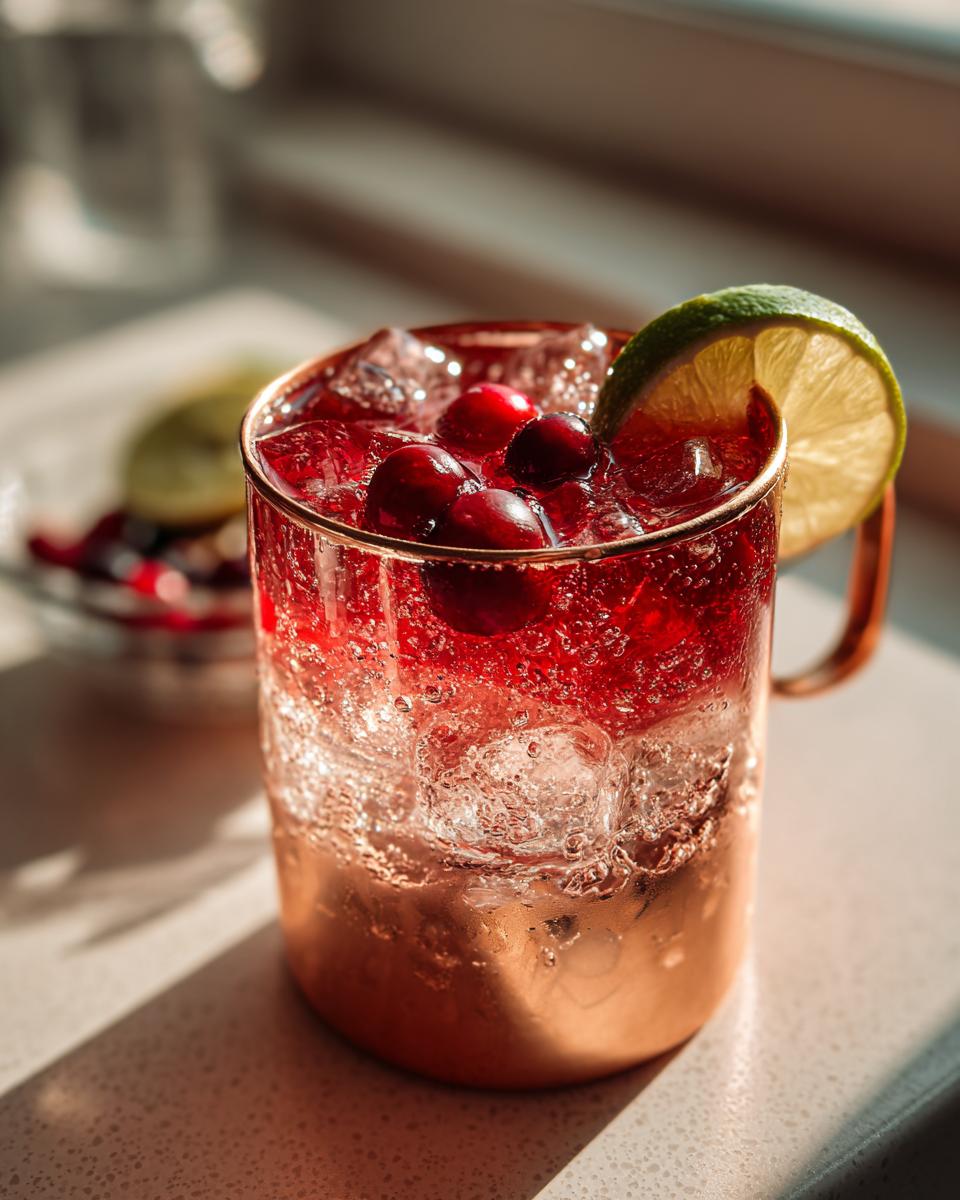 Close-up of a festive Thanksgiving cocktail in a copper mug, garnished with cranberries and lime.
