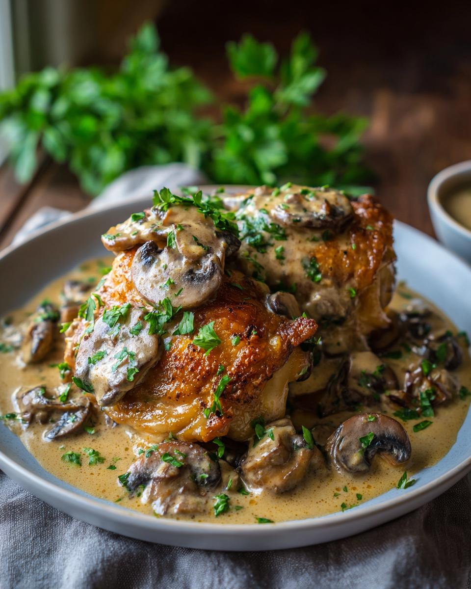 Golden brown chicken thighs served with a rich, creamy mushroom and garlic sauce, garnished with fresh parsley.