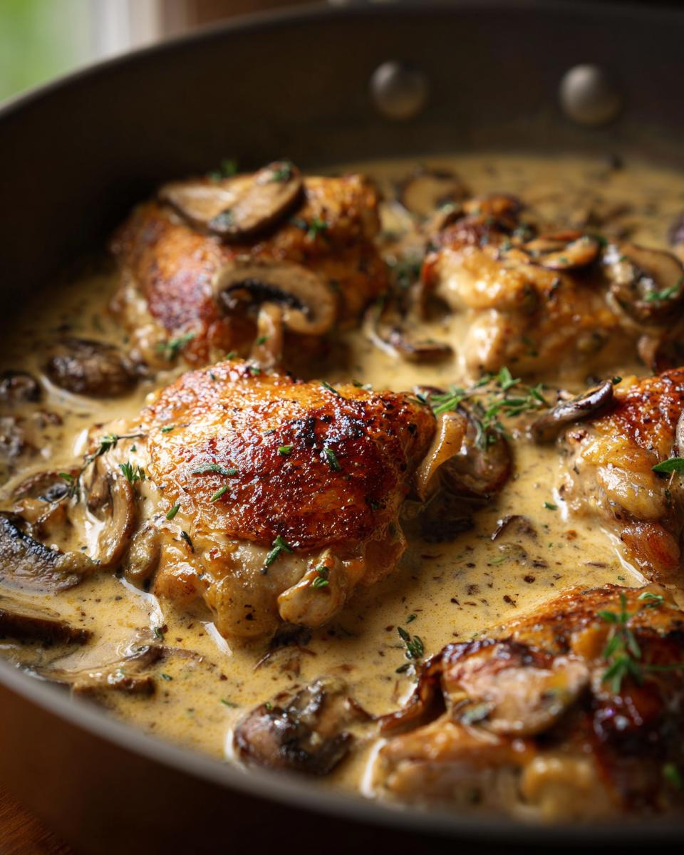 Close-up of juicy chicken thighs with creamy mushroom garlic sauce and fresh herbs in a skillet.