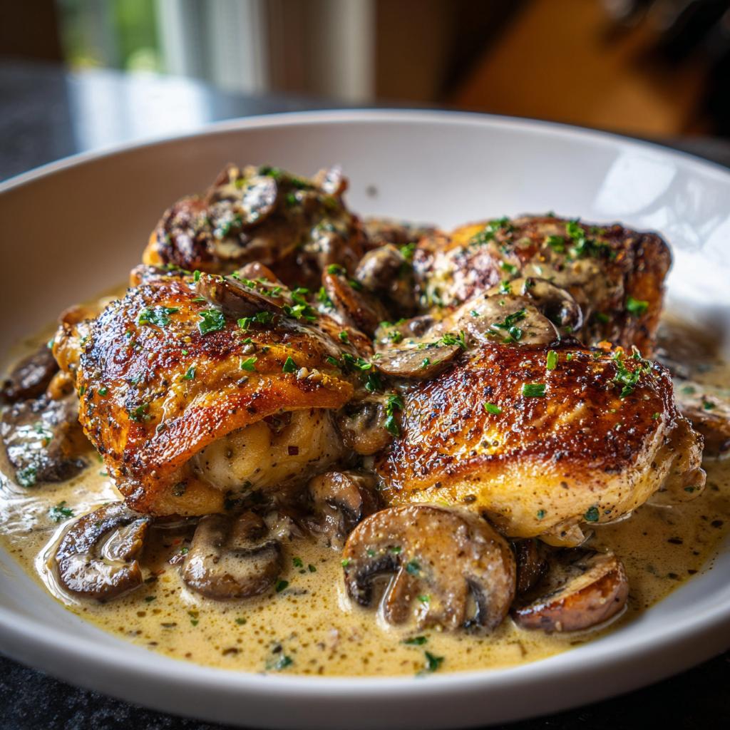 Close-up of golden-brown chicken thighs smothered in a creamy mushroom garlic sauce, garnished with fresh herbs.