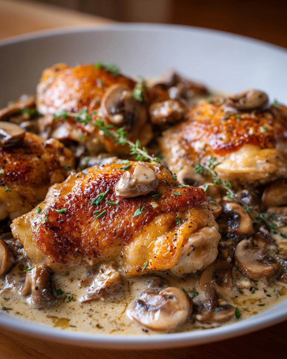 Close-up of golden-brown chicken thighs smothered in a creamy mushroom garlic sauce, garnished with fresh thyme.