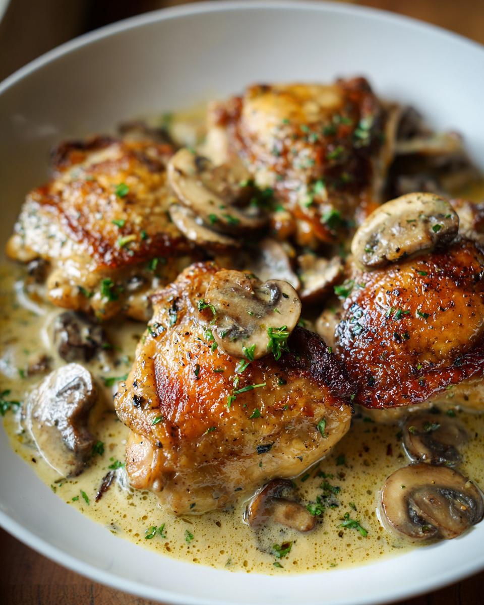 Close-up of tender chicken thighs with a creamy mushroom garlic sauce, garnished with fresh parsley.