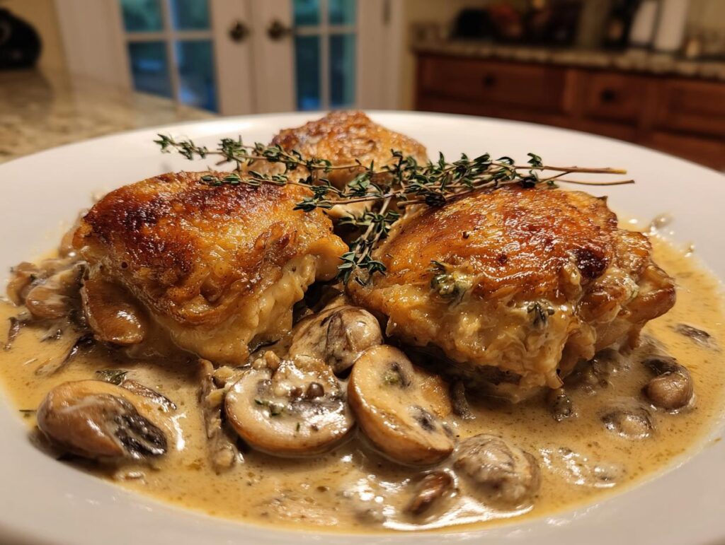 Three golden-brown chicken thighs served in a rich, creamy mushroom and garlic sauce, garnished with fresh thyme.