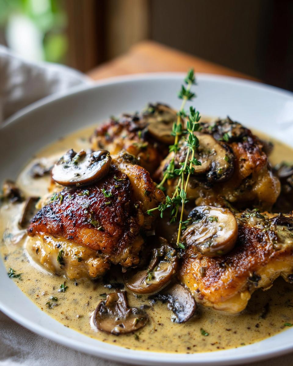 Close-up of tender chicken thighs with a creamy mushroom garlic sauce, garnished with fresh thyme.