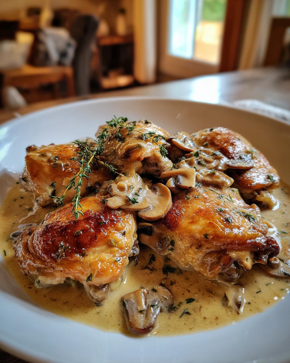 Close-up of Chicken Thighs With Creamy Mushroom Garlic Sauce, garnished with fresh thyme.