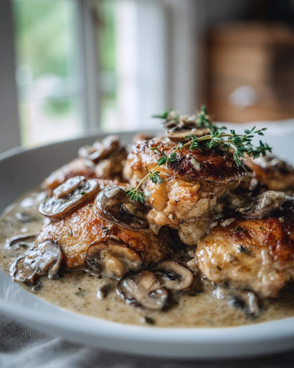 Close-up of tender chicken thighs smothered in a rich, creamy mushroom and garlic sauce, garnished with fresh thyme.