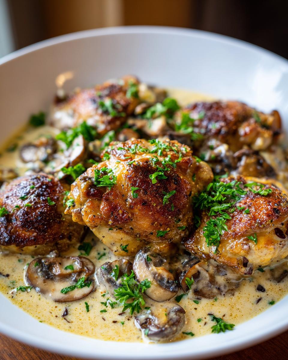 Juicy chicken thighs served in a creamy mushroom garlic sauce, garnished with fresh parsley.