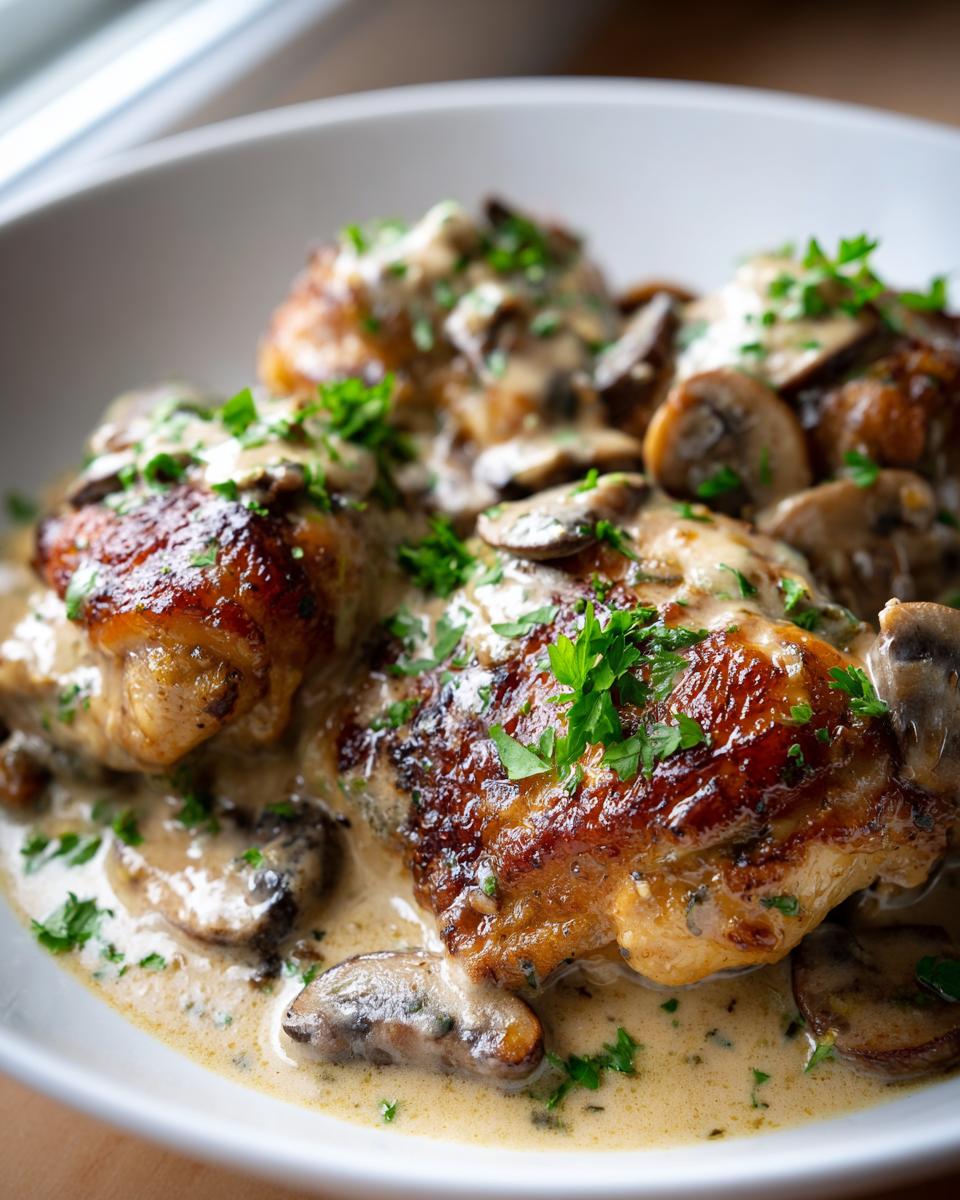 Close-up of tender chicken thighs with a rich, creamy mushroom garlic sauce and fresh parsley.