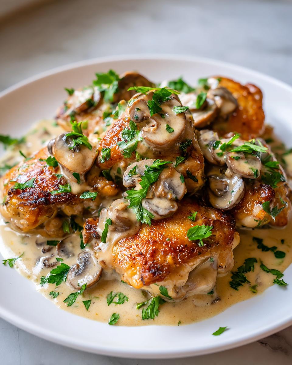 Close-up of pan-seared chicken thighs smothered in a creamy mushroom garlic sauce and garnished with fresh parsley.