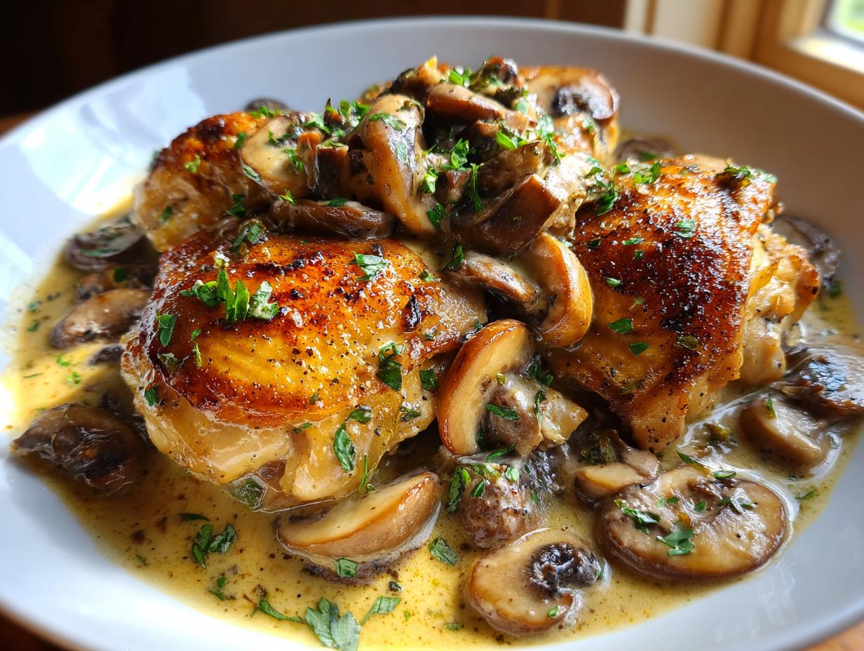 Close-up of tender chicken thighs smothered in a rich, creamy mushroom garlic sauce, garnished with fresh parsley.