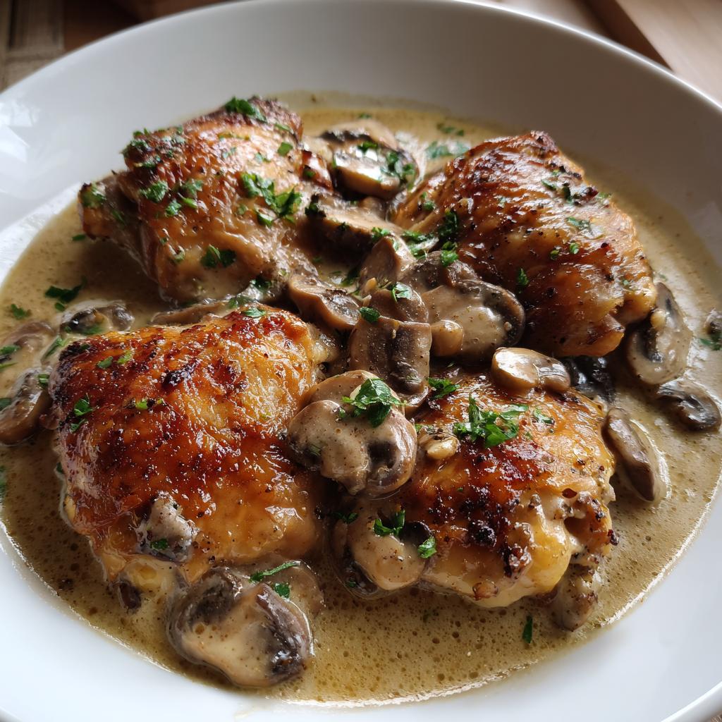 Golden brown chicken thighs served with a creamy mushroom garlic sauce and garnished with parsley.