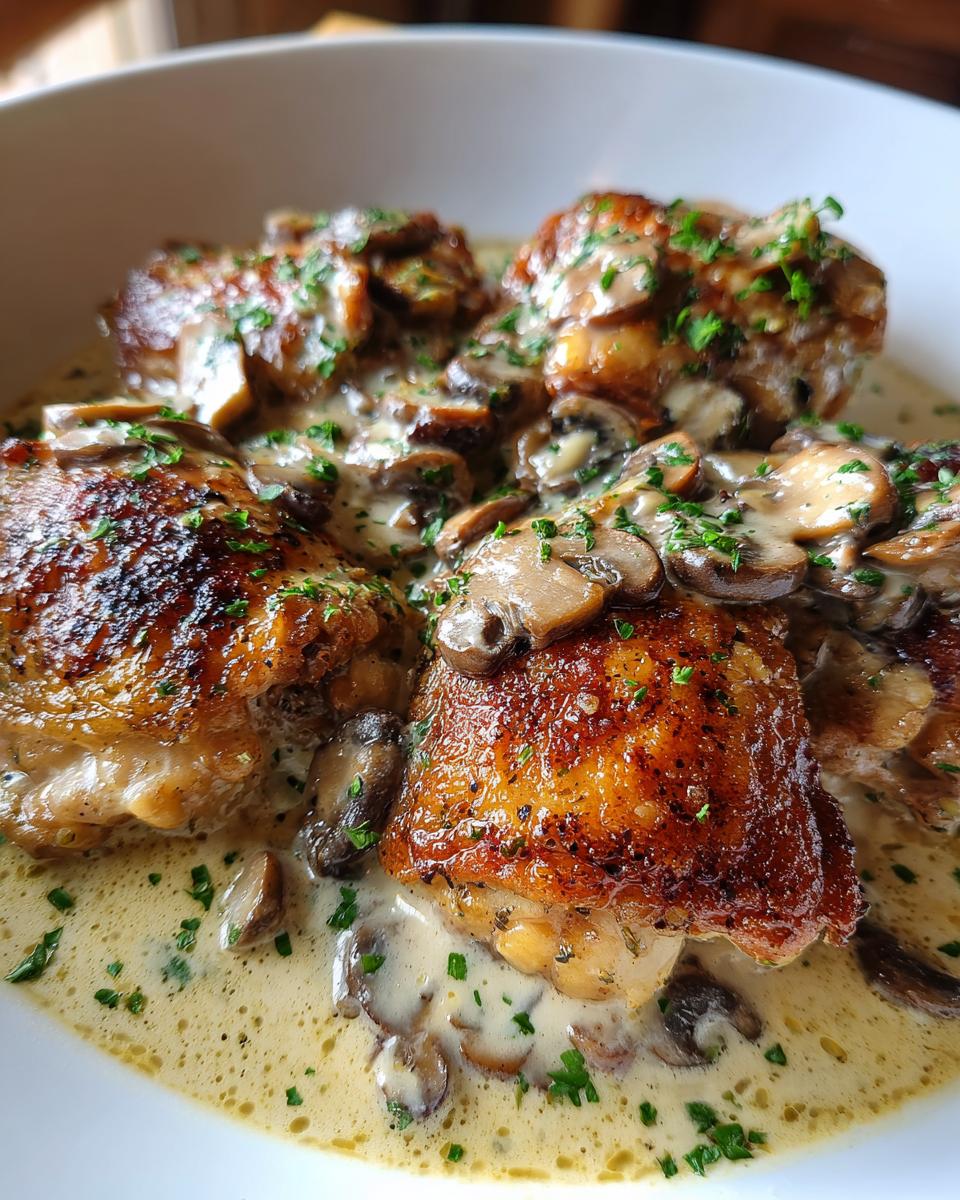 Golden-brown pan-seared chicken thighs smothered in a rich creamy mushroom garlic sauce, garnished with fresh parsley.