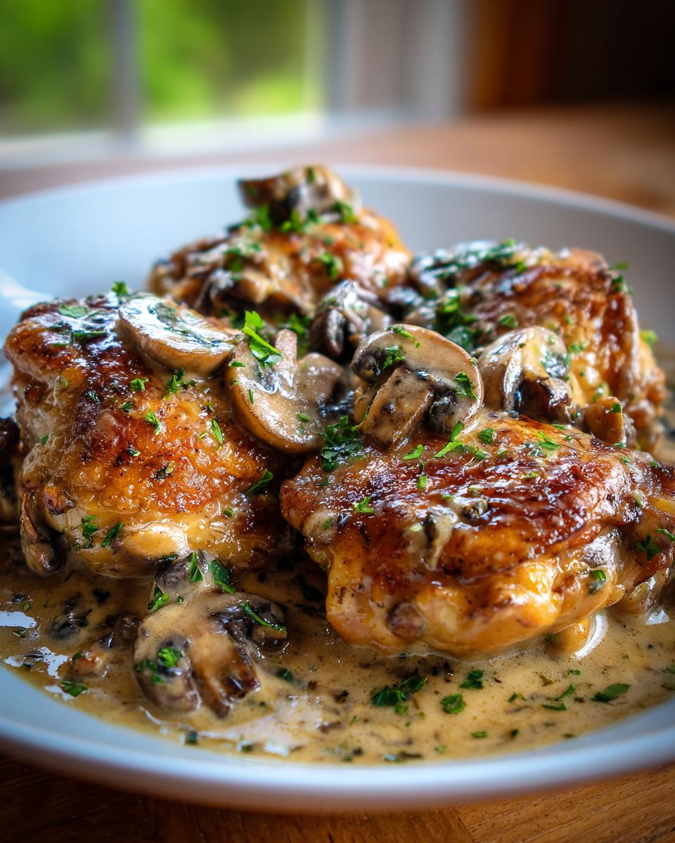 Close-up of tender chicken thighs smothered in a rich, creamy mushroom garlic sauce, garnished with fresh parsley.