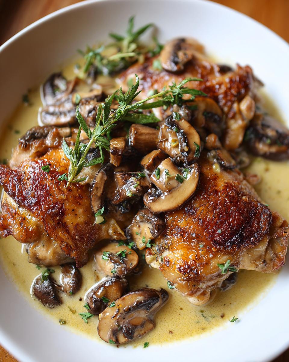 Close-up of tender chicken thighs smothered in a rich, creamy mushroom and garlic sauce, garnished with fresh herbs.