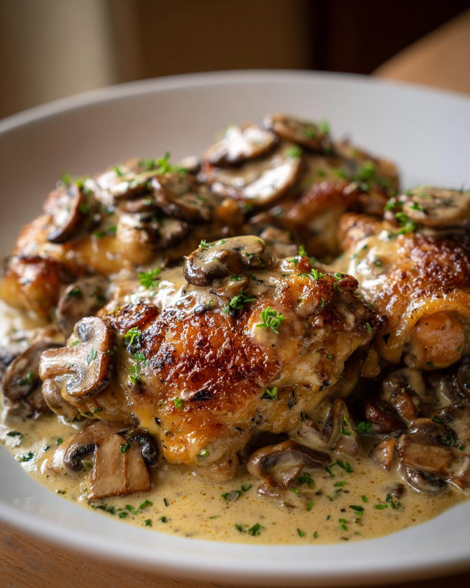 Close-up of tender chicken thighs smothered in a rich, creamy mushroom and garlic sauce, garnished with fresh parsley.