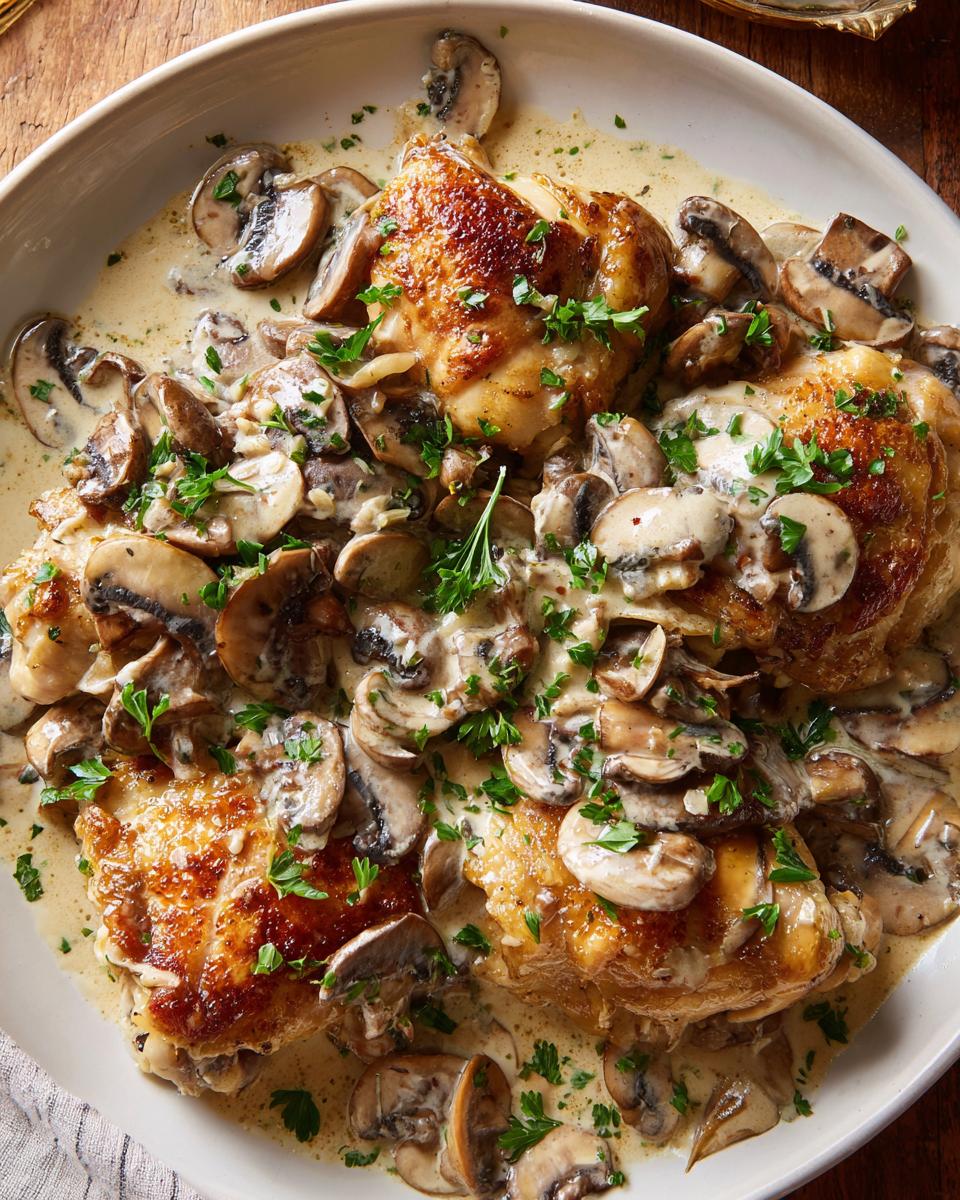 Platter of golden-brown chicken thighs smothered in a rich, creamy mushroom garlic sauce and garnished with fresh parsley.