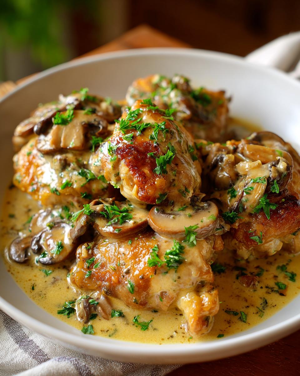 Juicy chicken thighs smothered in a rich, creamy mushroom garlic sauce and garnished with fresh parsley.