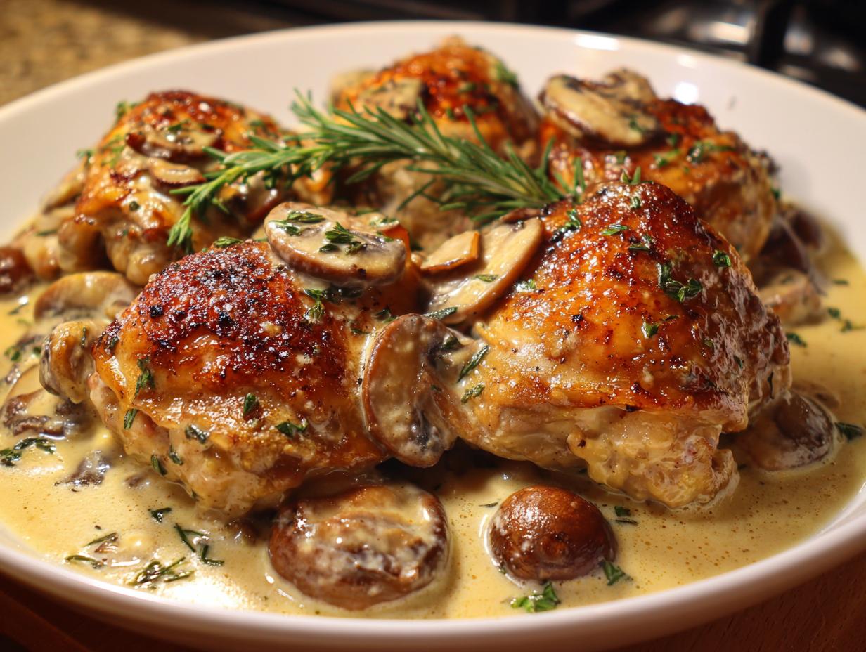 Juicy chicken thighs with crispy skin served in a creamy mushroom garlic sauce, garnished with fresh herbs.