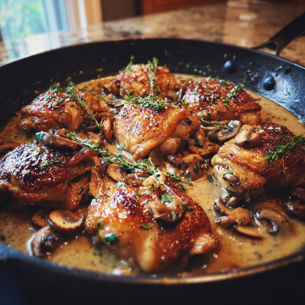 Golden brown chicken thighs simmered in a creamy mushroom garlic sauce, garnished with fresh thyme.