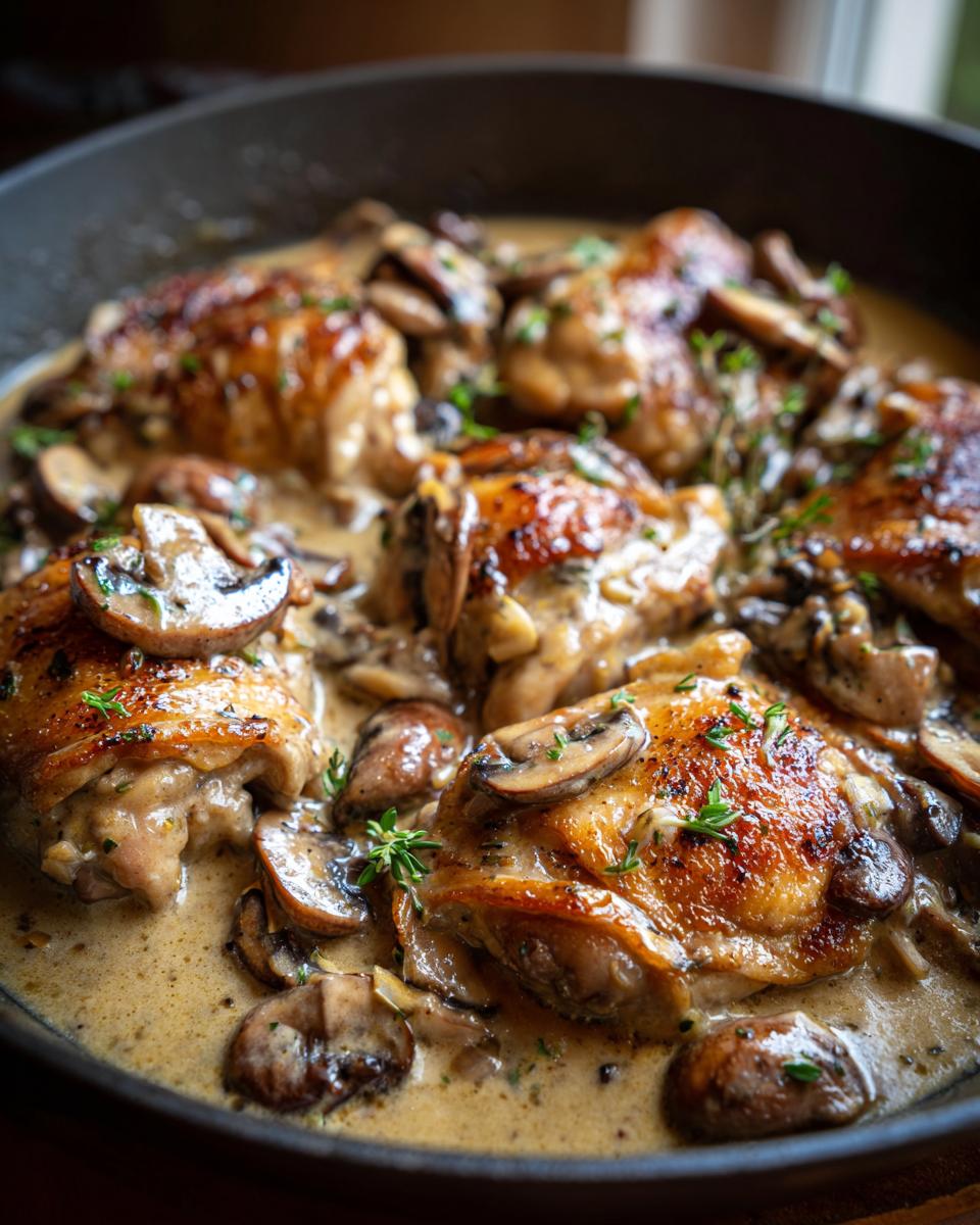 Close-up of juicy chicken thighs simmered in a creamy mushroom garlic sauce, garnished with fresh herbs.