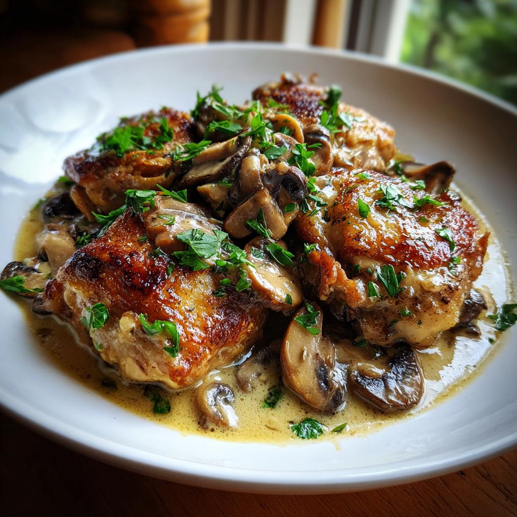 Golden brown chicken thighs served in a creamy mushroom garlic sauce, garnished with fresh parsley.