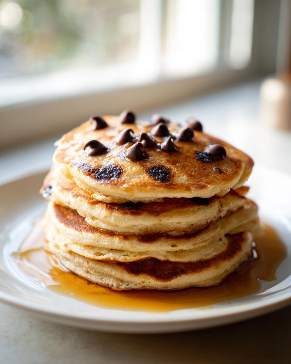 Stack of fluffy chocolate chip pancakes drizzled with syrup, perfect for Halloween breakfast ideas.