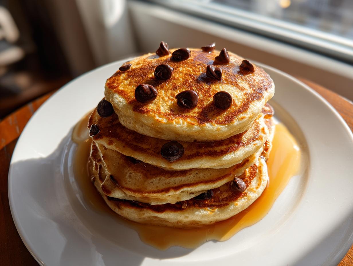 A stack of fluffy chocolate chip pancakes drizzled with syrup, perfect for Halloween breakfast ideas.