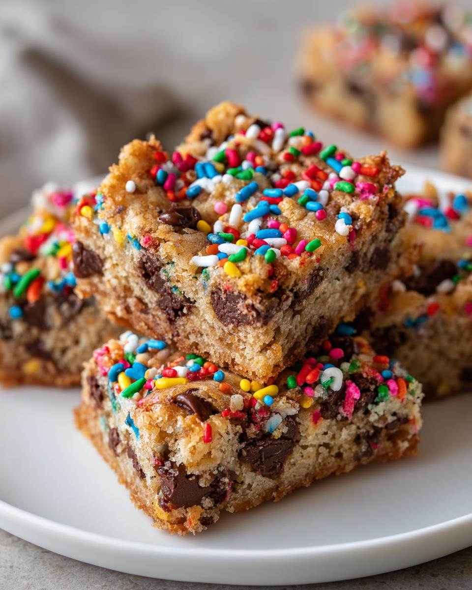 Close-up of chocolate chip sprinkle bars, a type of holiday treat, stacked on a white plate.