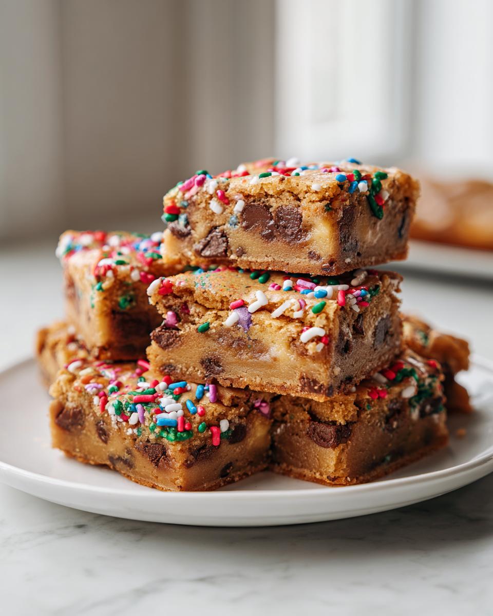 A stack of chocolate chip blondies topped with colorful sprinkles, perfect for holiday treats.