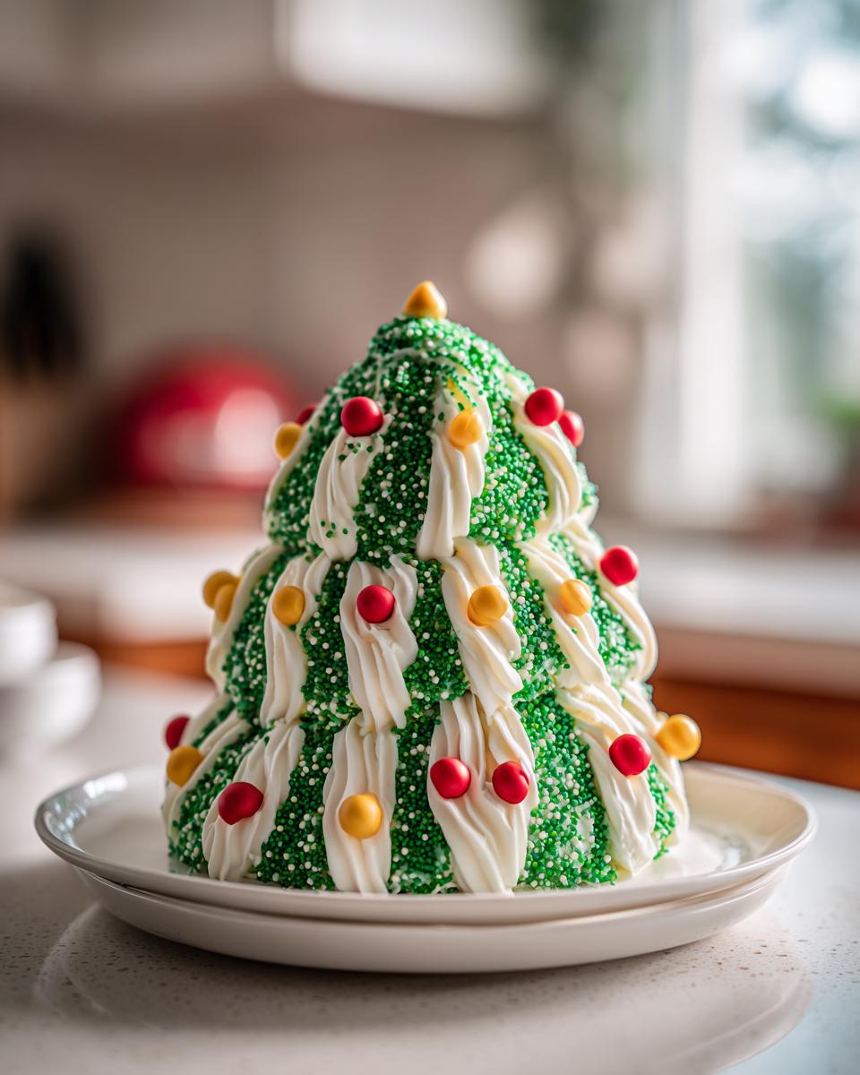 A festive Christmas tree cake dip decorated with green sprinkles and red and yellow candies.