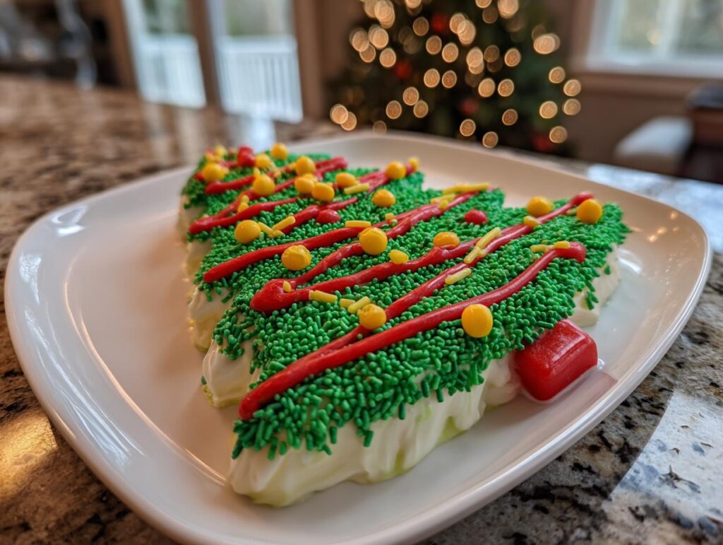 A Christmas Tree Cake Dip decorated with green sprinkles, red icing, and yellow candy balls.