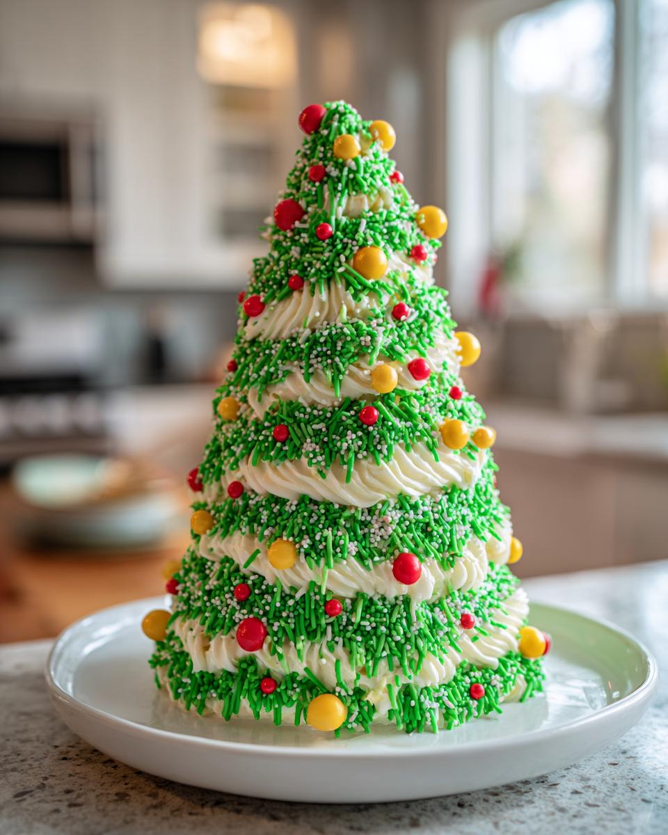 A festive Christmas tree cake dip decorated with green sprinkles, white frosting, and red and yellow candy ornaments.