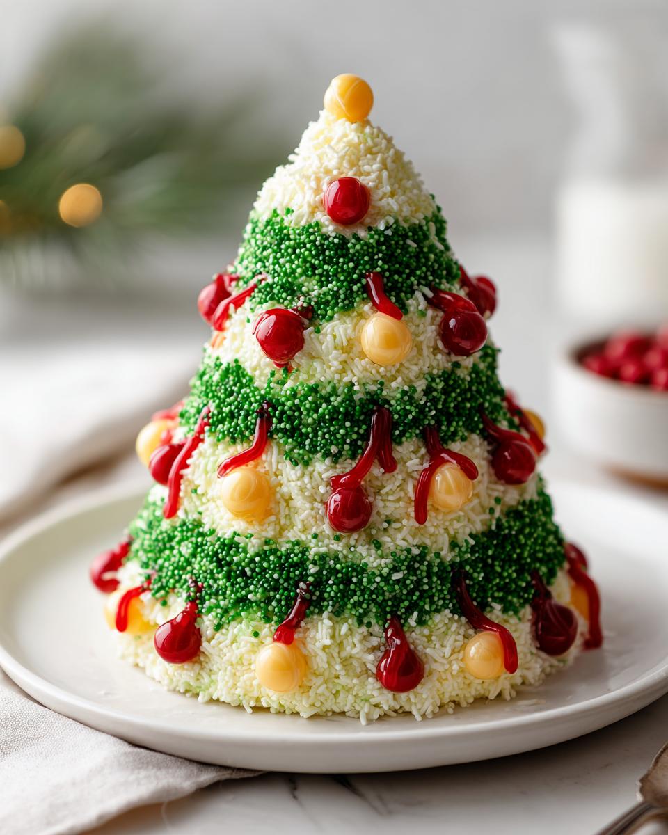 A festive Christmas tree cake dip decorated with green sprinkles and red and yellow candy ornaments.