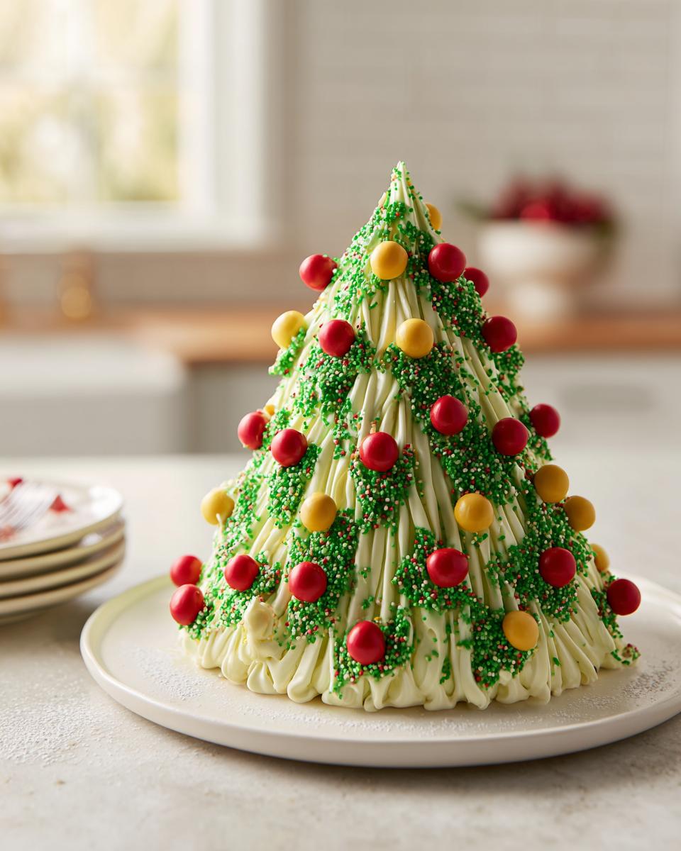 A festive Christmas tree cake dip decorated with red and yellow ornaments and green sprinkles.