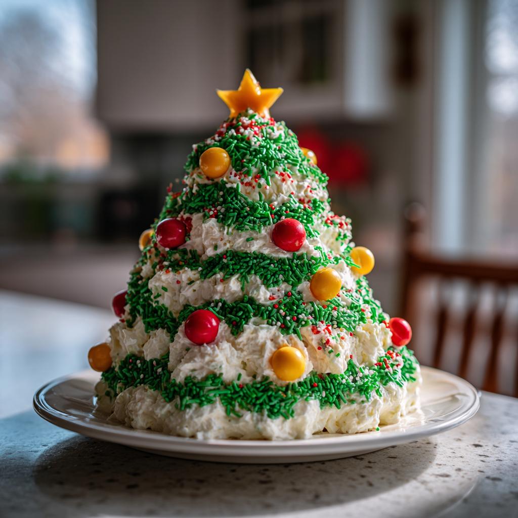 A festive Christmas Tree Cake Dip decorated with white frosting, green sprinkles, red and yellow candies, and a star on top.