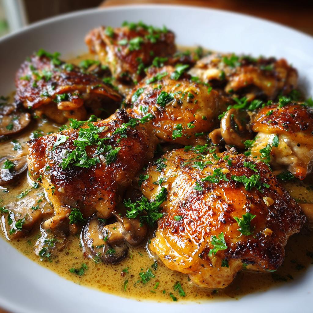 Close-up of cozy chicken thighs in a creamy mushroom garlic sauce, garnished with fresh parsley.