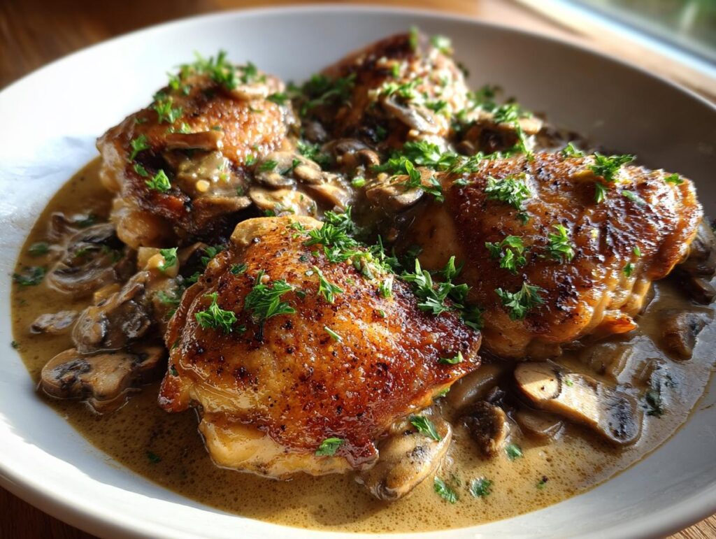 Close-up of cozy chicken thighs with creamy mushroom garlic sauce, garnished with fresh parsley.
