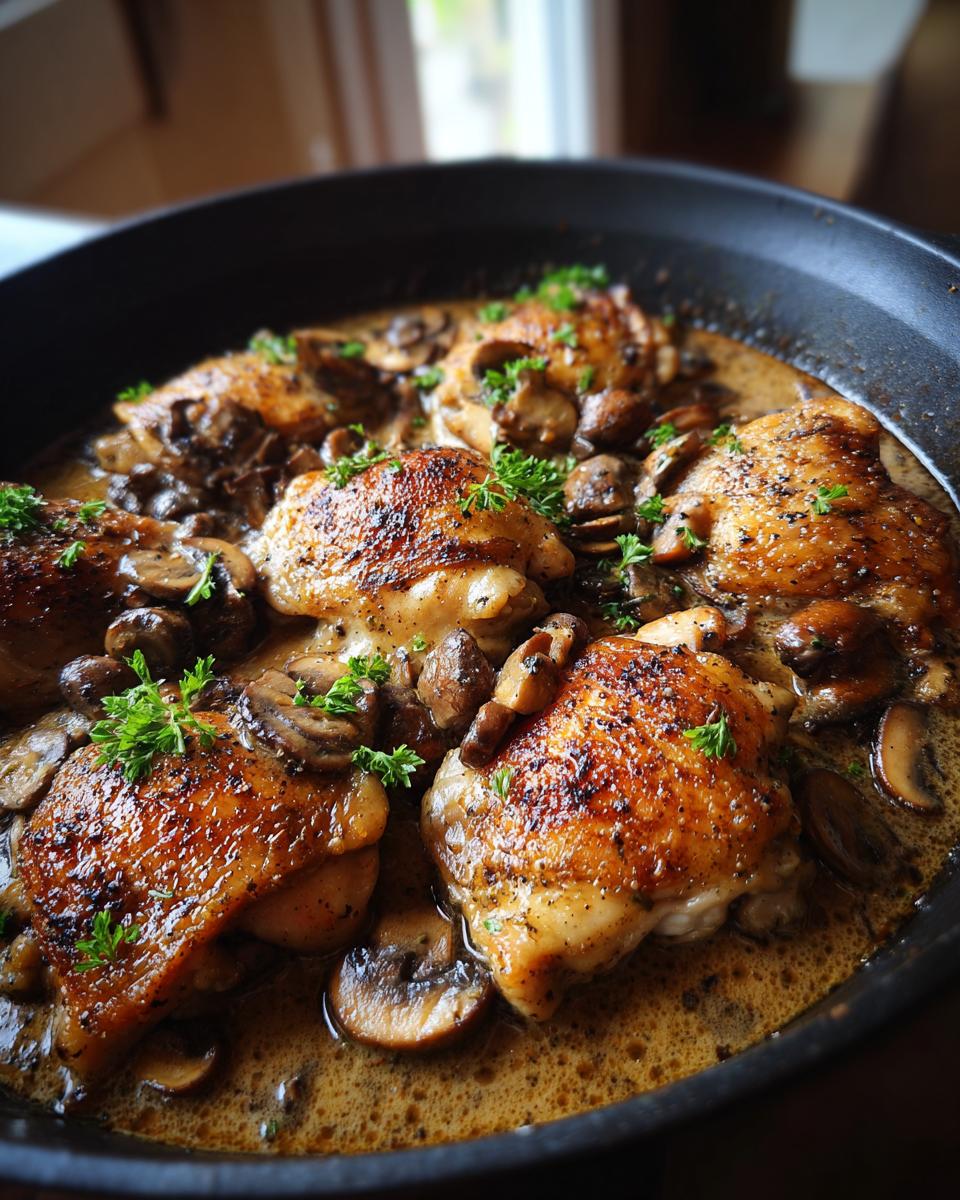 Close-up of cozy chicken thighs with creamy mushroom garlic sauce in a skillet, garnished with parsley.