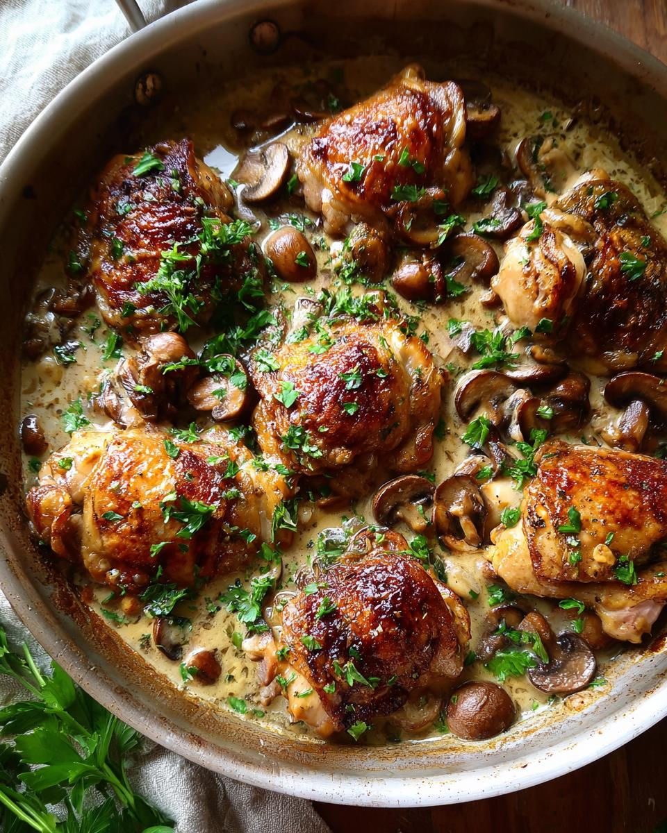 Golden brown chicken thighs simmered in a creamy mushroom garlic sauce, garnished with fresh parsley.