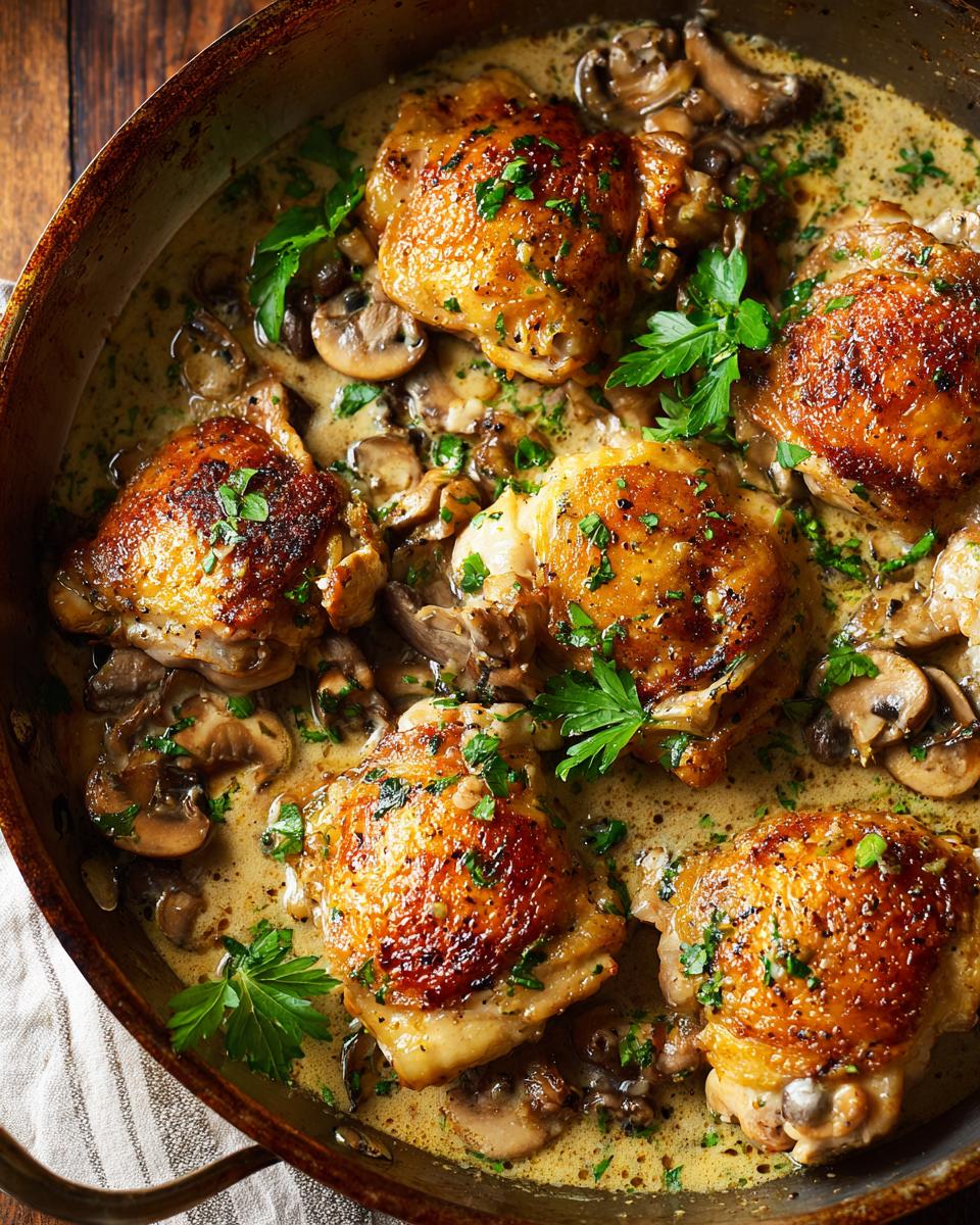 Close-up of golden-brown cozy chicken thighs in a creamy mushroom garlic sauce, garnished with parsley.