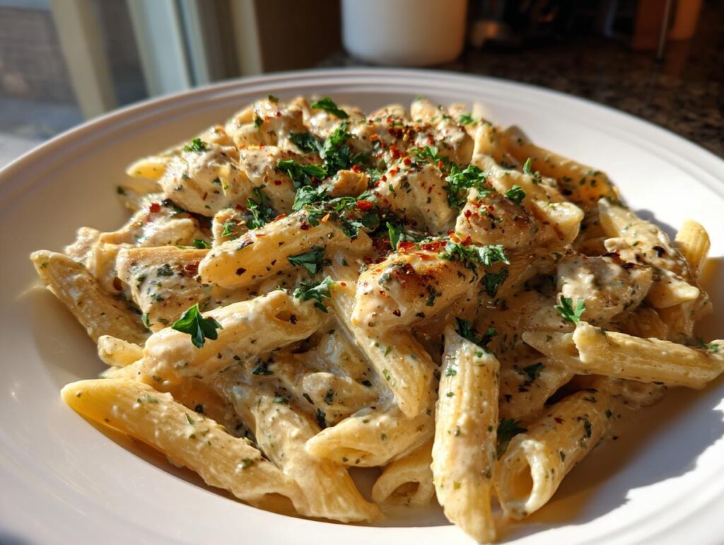 A close-up of cozy creamy garlic parmesan chicken pasta with penne, chicken pieces, and fresh parsley garnish.
