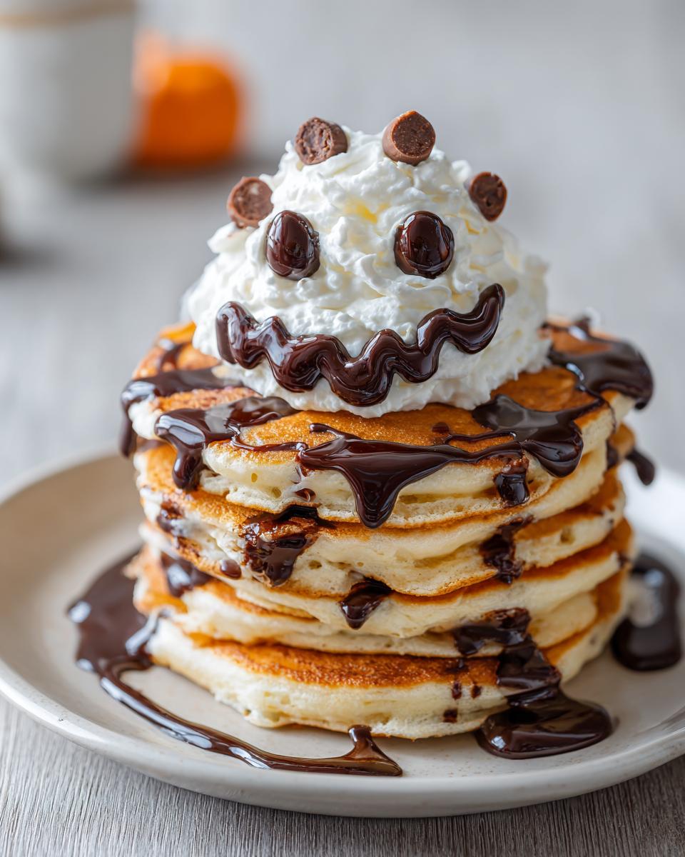 Stack of pancakes decorated as a ghost with whipped cream, chocolate syrup, and candy for eyes and mouth.